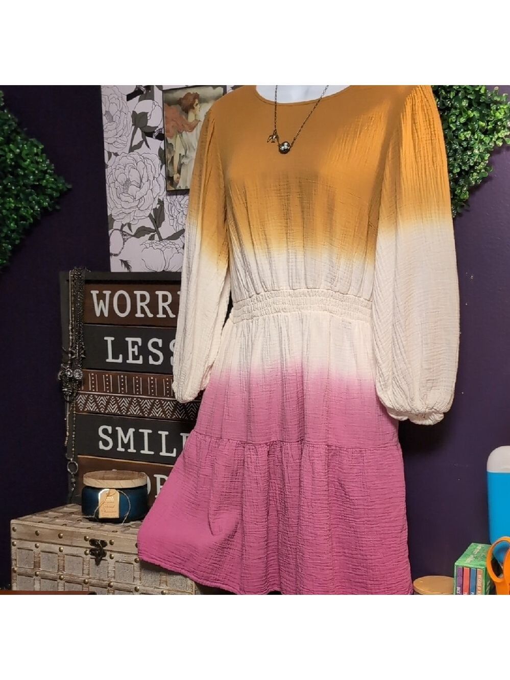Gold & Pink Ombrē Cotton Peasant Dress By Universal Thread